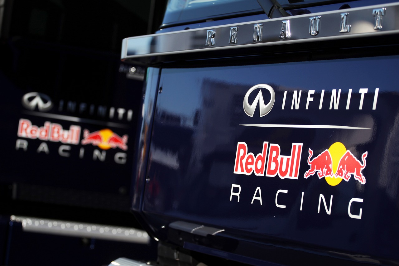 Red Bull Racing trucks and logos.
