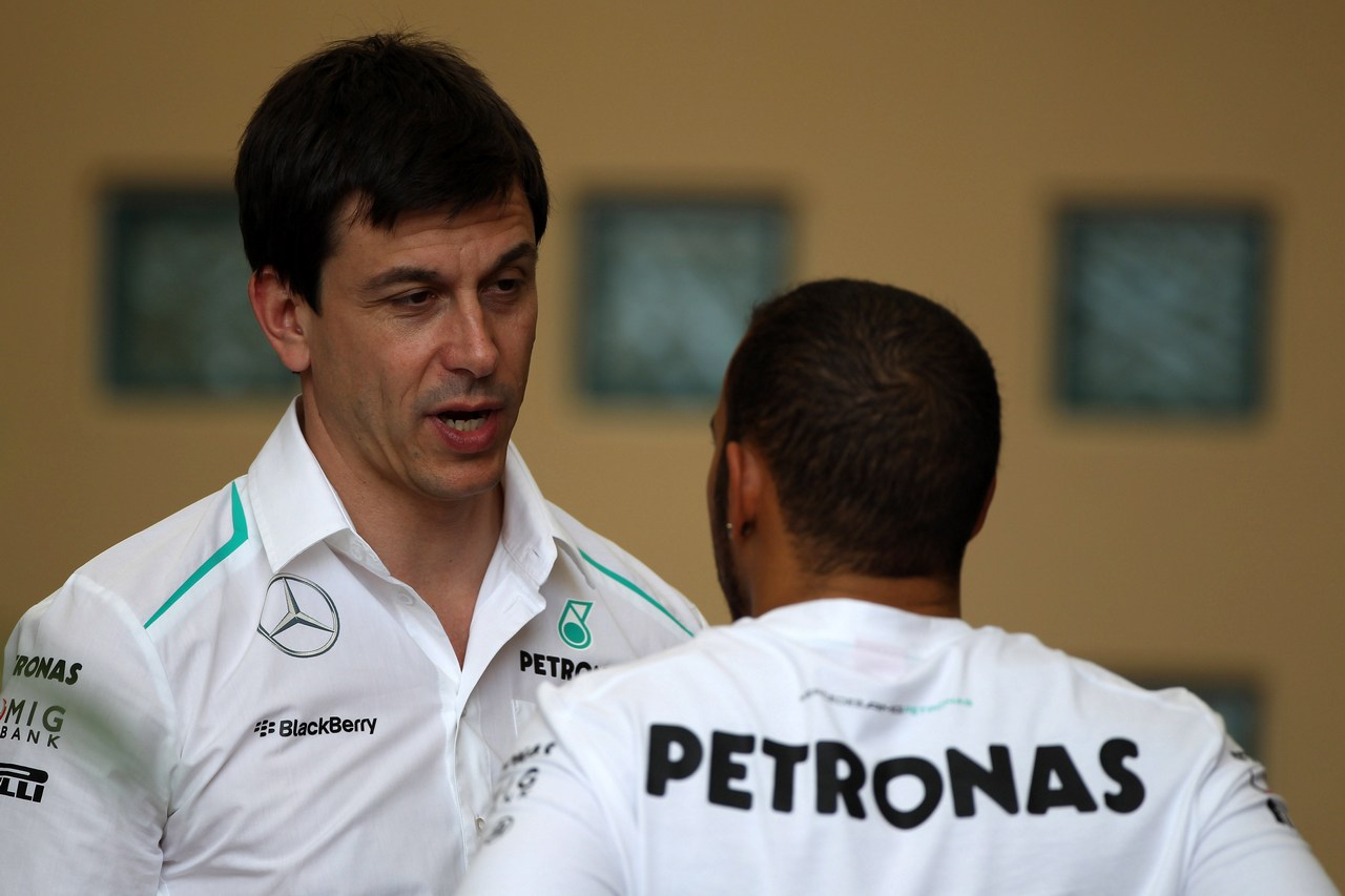 19.04.2013- Free Practice 2, Toto Wolff (GER) Mercedes AMG F1 Shareholder and Executive Director and Lewis Hamilton (GBR) Mercedes AMG F1 W04