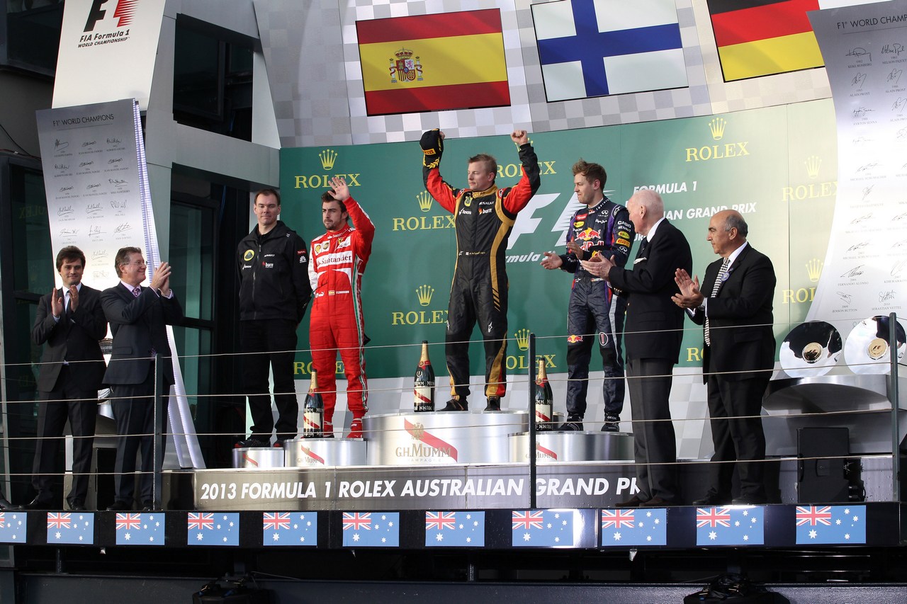 17.03.2013- Race, Kimi Raikkonen (FIN) Lotus F1 Team E21 race winner, 2nd position Fernando Alonso (ESP) Scuderia Ferrari F138 and 3rd position Sebastian Vettel (GER) Red Bull Racing RB9
