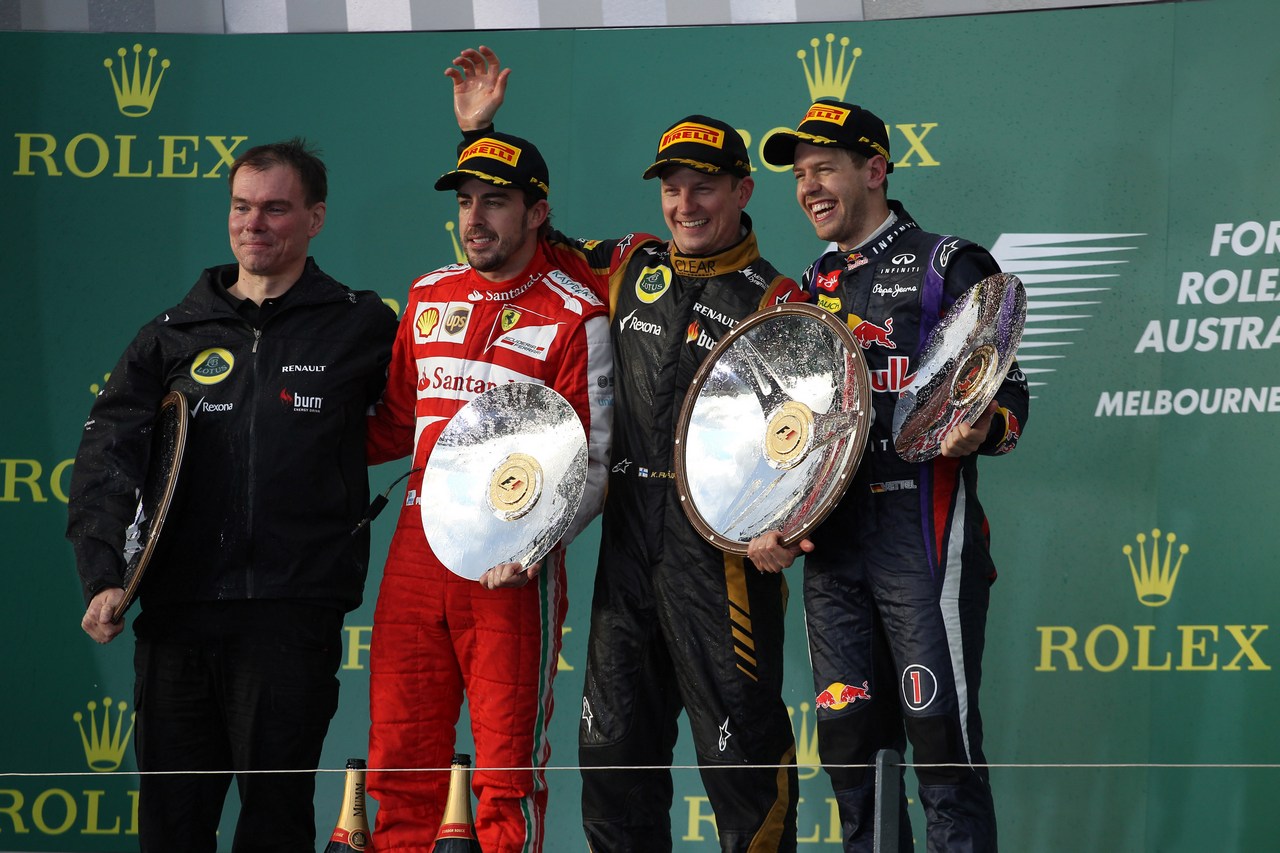 17.03.2013- Race, Kimi Raikkonen (FIN) Lotus F1 Team E21 race winner, 2nd position Fernando Alonso (ESP) Scuderia Ferrari F138 and 3rd position Sebastian Vettel (GER) Red Bull Racing RB9