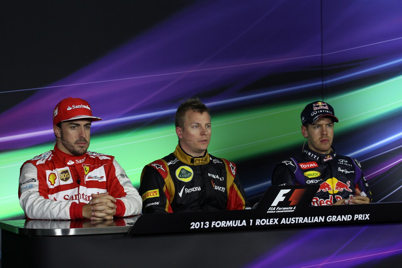 17.03.2013- Race, Press conference, Fernando Alonso (ESP) Scuderia Ferrari F138 and Kimi Raikkonen (FIN) Lotus F1 Team E21 and Sebastian Vettel (GER) Red Bull Racing RB9 