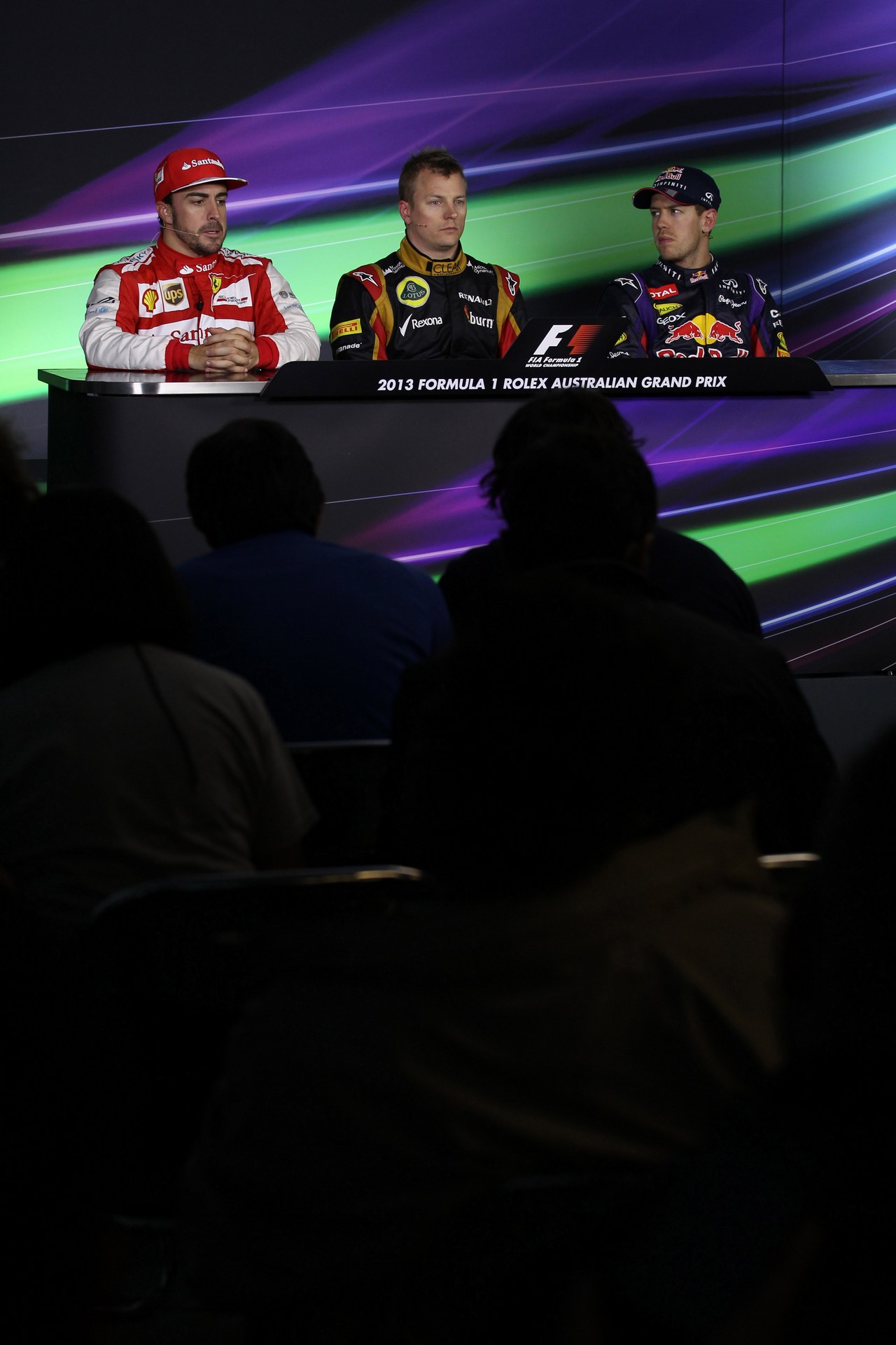 17.03.2013- Race, Press conference, Fernando Alonso (ESP) Scuderia Ferrari F138, Kimi Raikkonen (FIN) Lotus F1 Team E21 and Sebastian Vettel (GER) Red Bull Racing RB9 