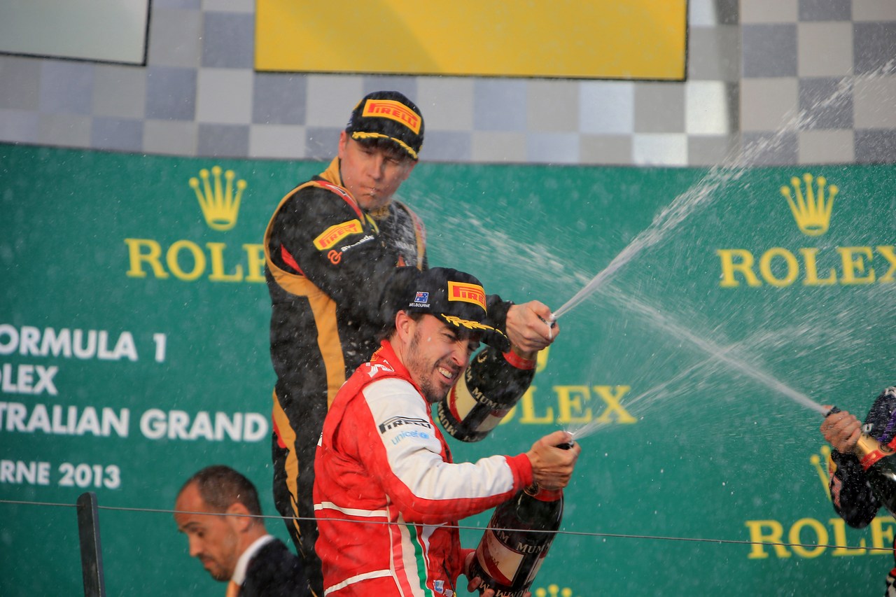 17.03.2013- Race, Kimi Raikkonen (FIN) Lotus F1 Team E21 race winner, 2nd position Fernando Alonso (ESP) Scuderia Ferrari F138 and 3rd position Sebastian Vettel (GER) Red Bull Racing RB9