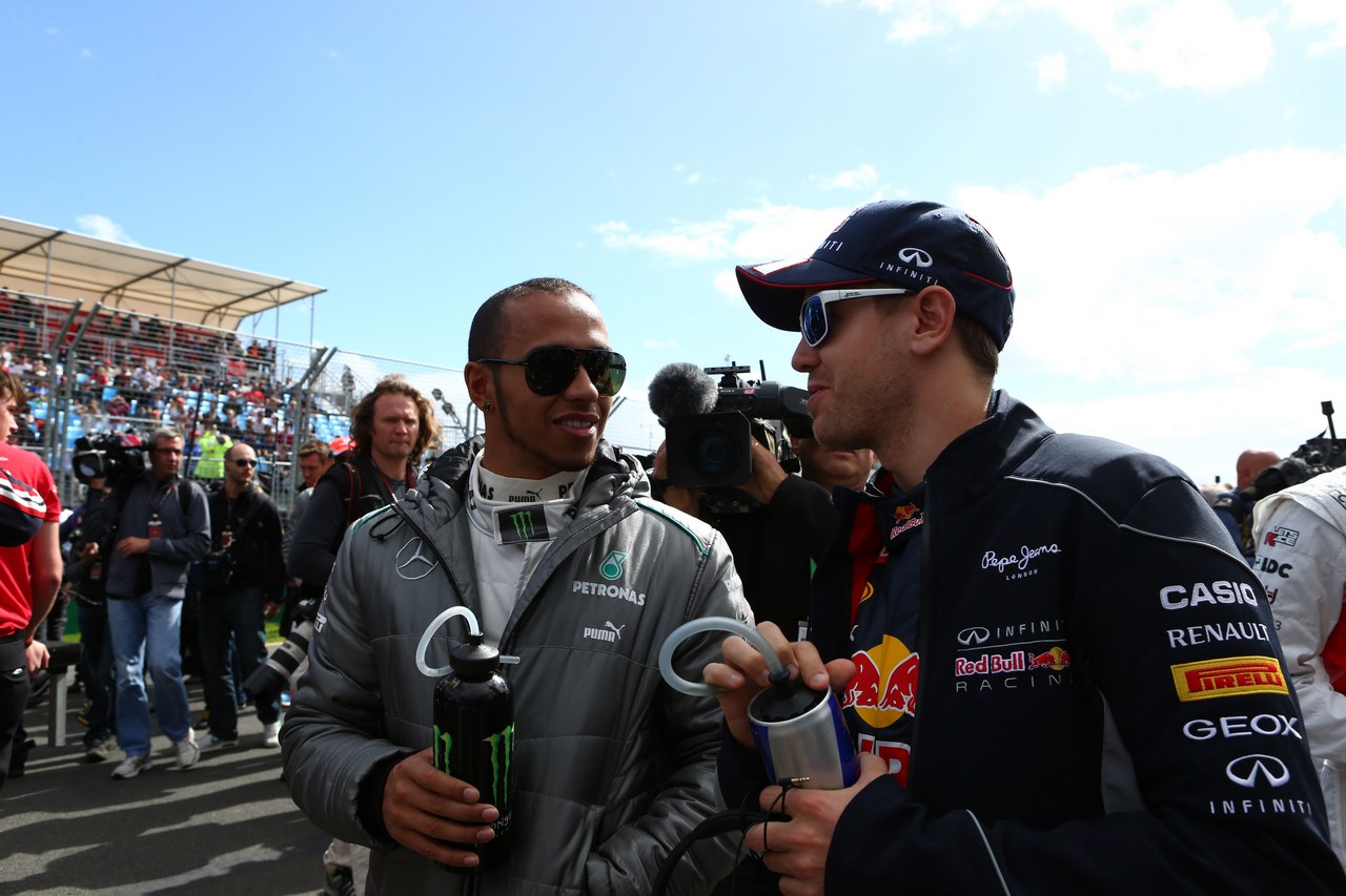 17.03.2013- Lewis Hamilton (GBR) Mercedes AMG F1 W04 and Sebastian Vettel (GER) Red Bull Racing RB9