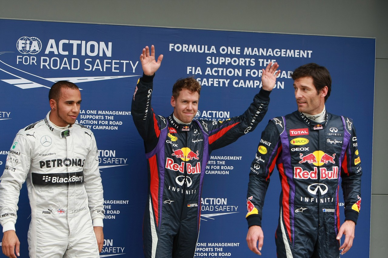 17.03.2013- Qualifying, (L-D) 3rd position Lewis Hamilton (GBR) Mercedes AMG F1 W04, Sebastian Vettel (GER) Red Bull Racing RB9 pole position and 2nd position Mark Webber (AUS) Red Bull Racing RB9 