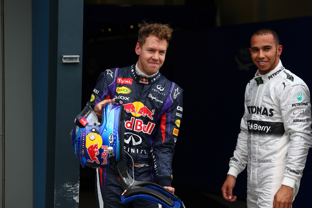 17.03.2013- Qualifying, Sebastian Vettel (GER) Red Bull Racing RB9 pole position and Lewis Hamilton (GBR) Mercedes AMG F1 W04 3rd position 
