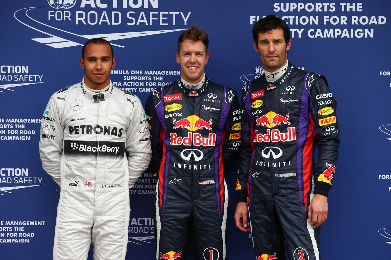 17.03.2013- Qualifying, (L-D) 3rd position Lewis Hamilton (GBR) Mercedes AMG F1 W04, Sebastian Vettel (GER) Red Bull Racing RB9 pole position and 2nd position Mark Webber (AUS) Red Bull Racing RB9