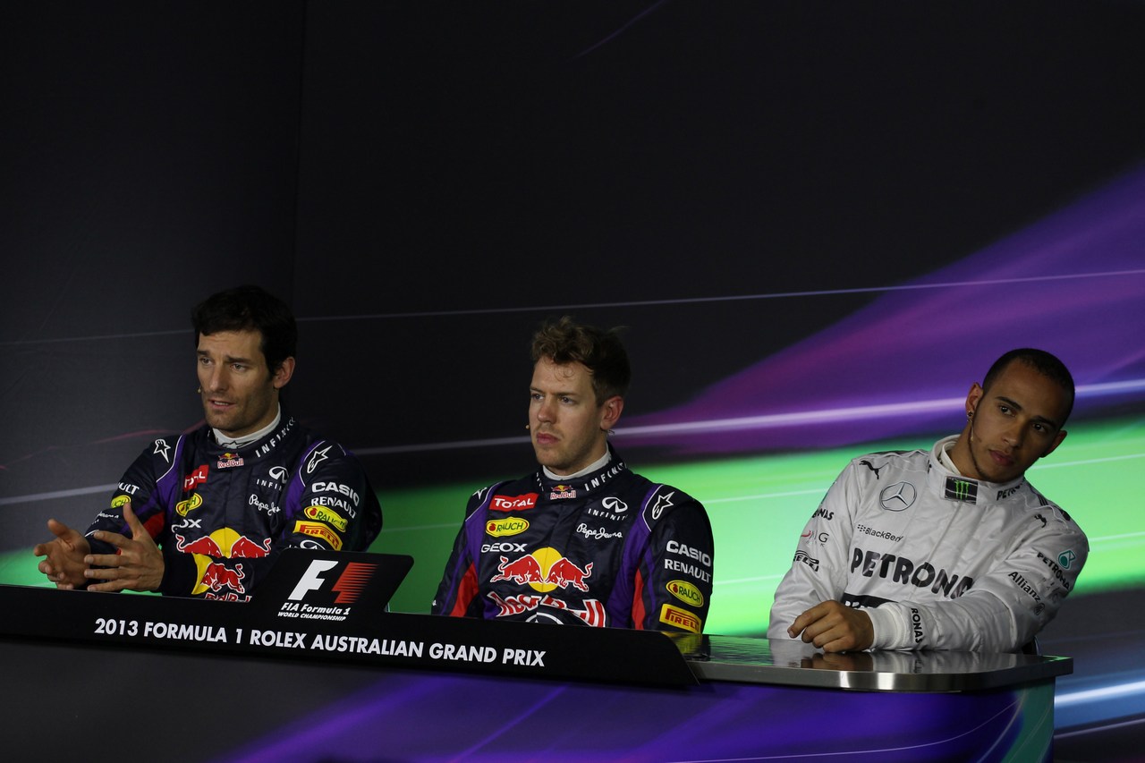 17.03.2013- Qualifying, Press conference, (L-D) Mark Webber (AUS) Red Bull Racing RB9, Sebastian Vettel (GER) Red Bull Racing RB9 and Lewis Hamilton (GBR) Mercedes AMG F1 W04 