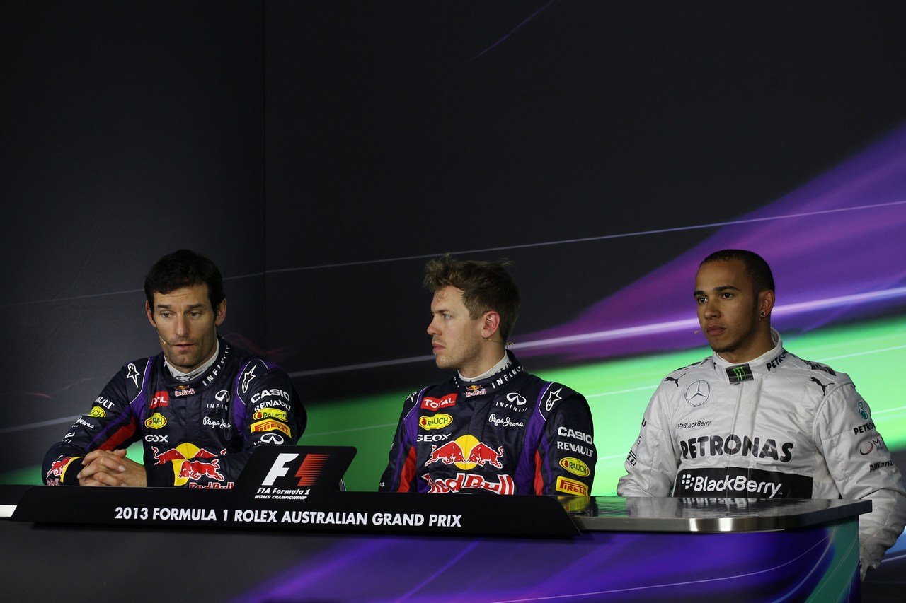 17.03.2013- Qualifying, Press conference, (L-D) Mark Webber (AUS) Red Bull Racing RB9 and Sebastian Vettel (GER) Red Bull Racing RB9 and Lewis Hamilton (GBR) Mercedes AMG F1 W04 