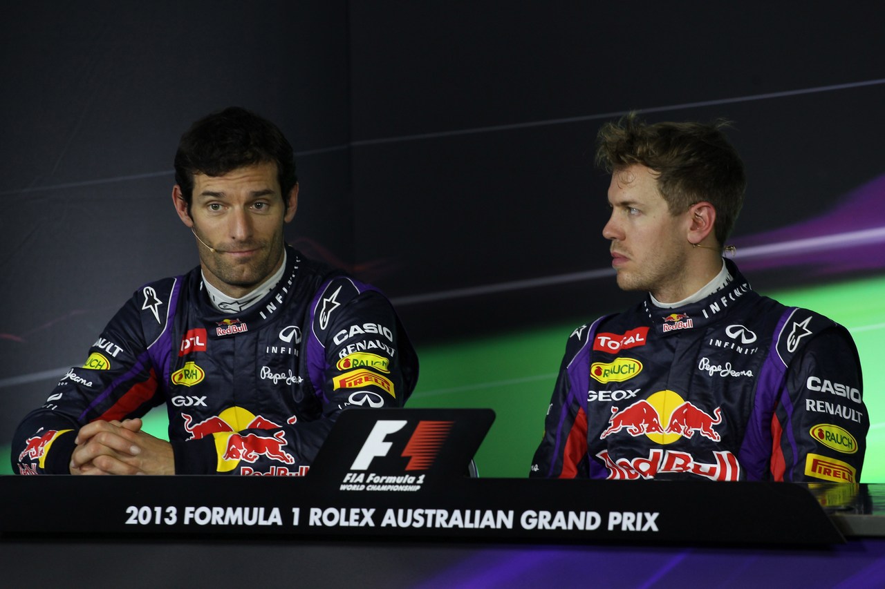 17.03.2013- Qualifying, Press conference, (L-D) Mark Webber (AUS) Red Bull Racing RB9 and Sebastian Vettel (GER) Red Bull Racing RB9