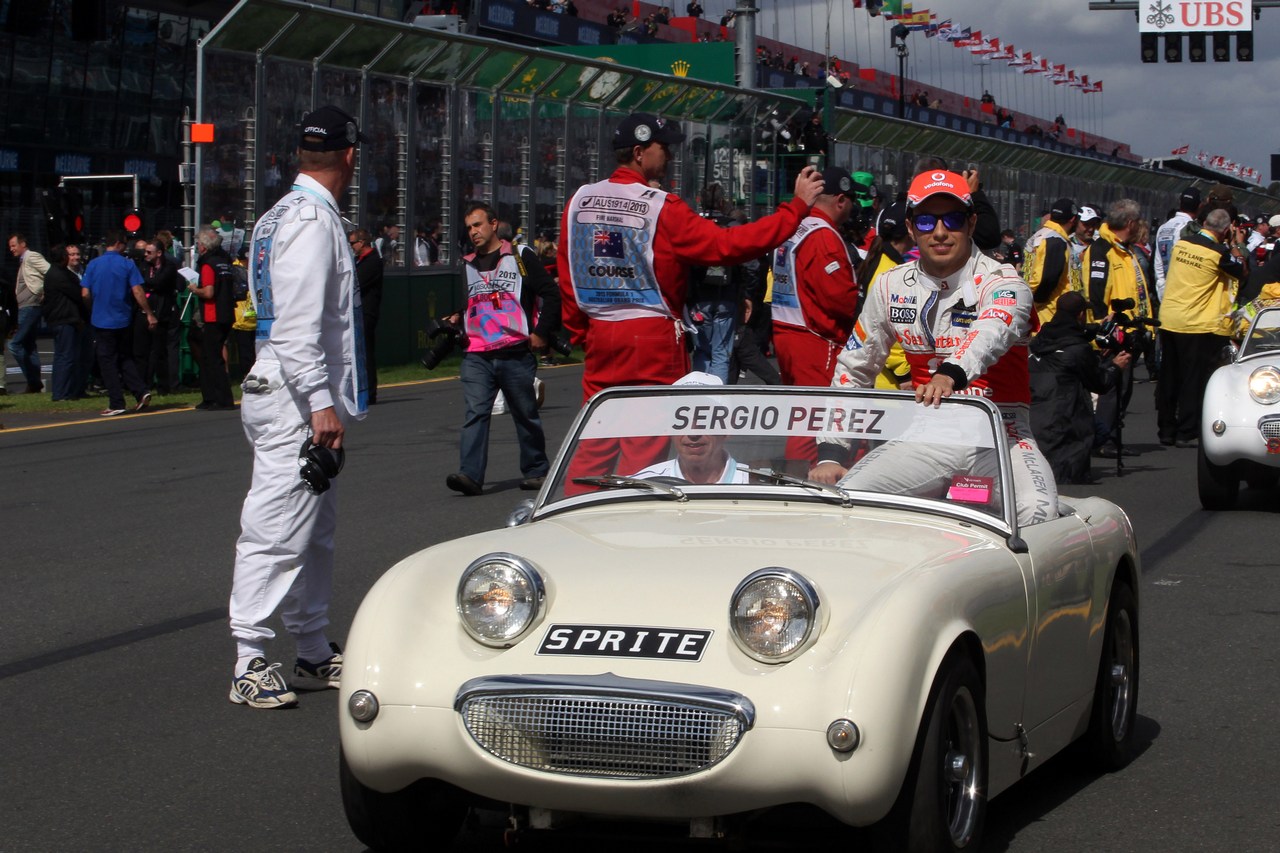 17.03.2013- Sergio Perez (MEX) McLaren MP4-28 at drivers parade  