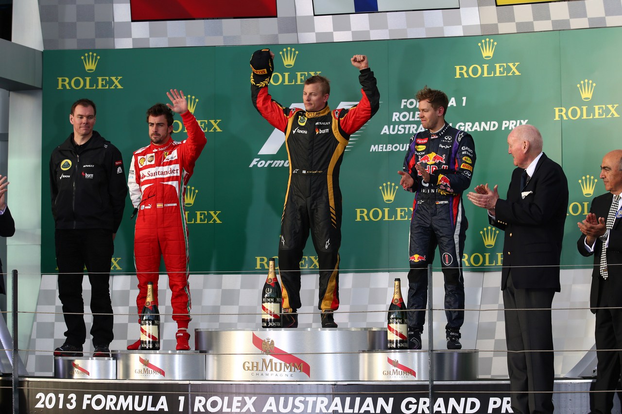 17.03.2013- Race, Kimi Raikkonen (FIN) Lotus F1 Team E21 race winner, 2nd position Fernando Alonso (ESP) Scuderia Ferrari F138 and 3rd position Sebastian Vettel (GER) Red Bull Racing RB9 