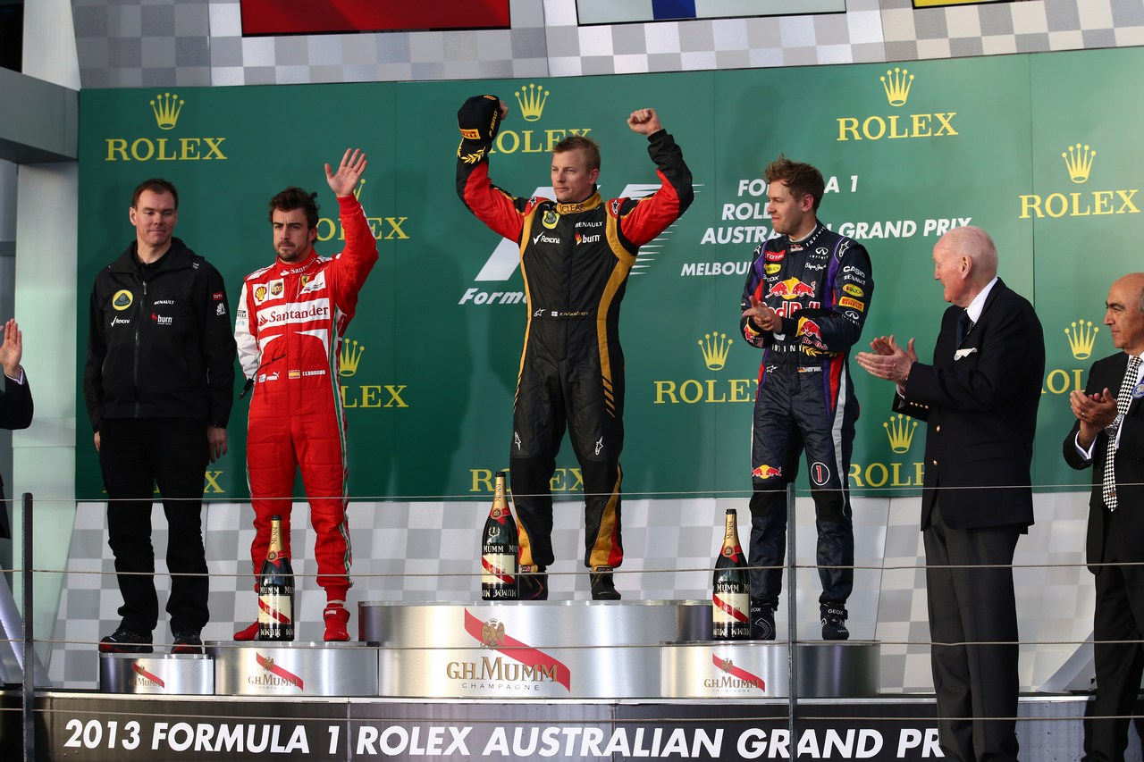 17.03.2013- Race, Kimi Raikkonen (FIN) Lotus F1 Team E21 race winner, 2nd position Fernando Alonso (ESP) Scuderia Ferrari F138 and 3rd position Sebastian Vettel (GER) Red Bull Racing RB9 