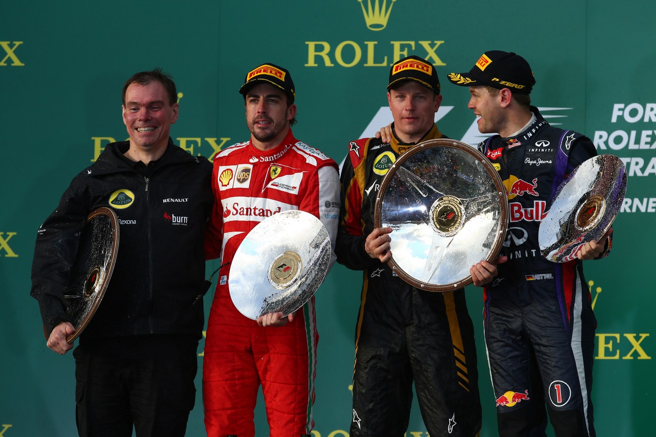 17.03.2013- Race, Kimi Raikkonen (FIN) Lotus F1 Team E21 race winner, 2nd position Fernando Alonso (ESP) Scuderia Ferrari F138 and 3rd position Sebastian Vettel (GER) Red Bull Racing RB9 