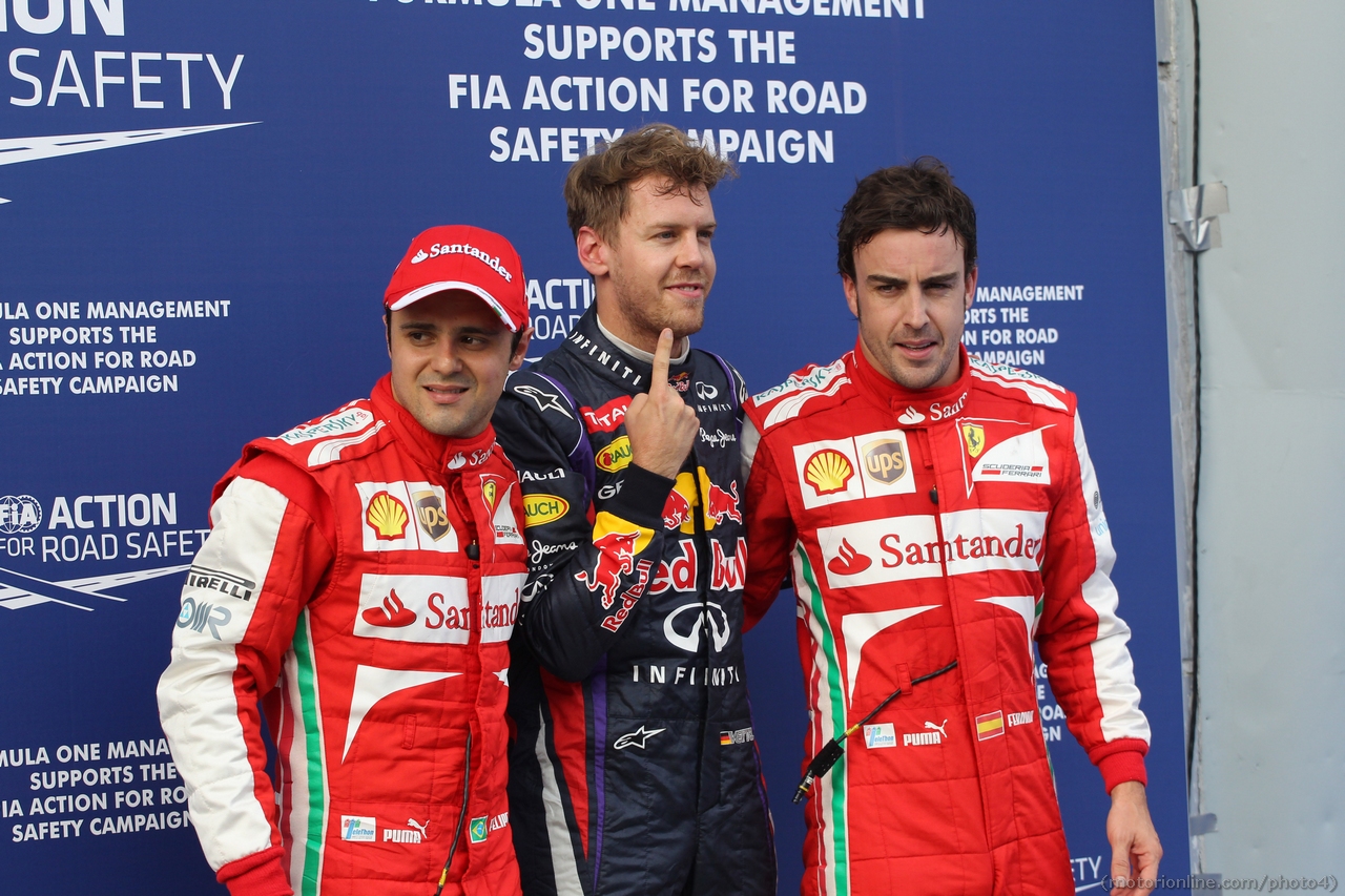 23.03.2013 - Qualifying, Pole position Sebastian Vettel (GER) Red Bull Racing RB9, 2nd Felipe Massa (BRA) Scuderia Ferrari F138, 3rd Fernando Alonso (ESP) Scuderia Ferrari F138