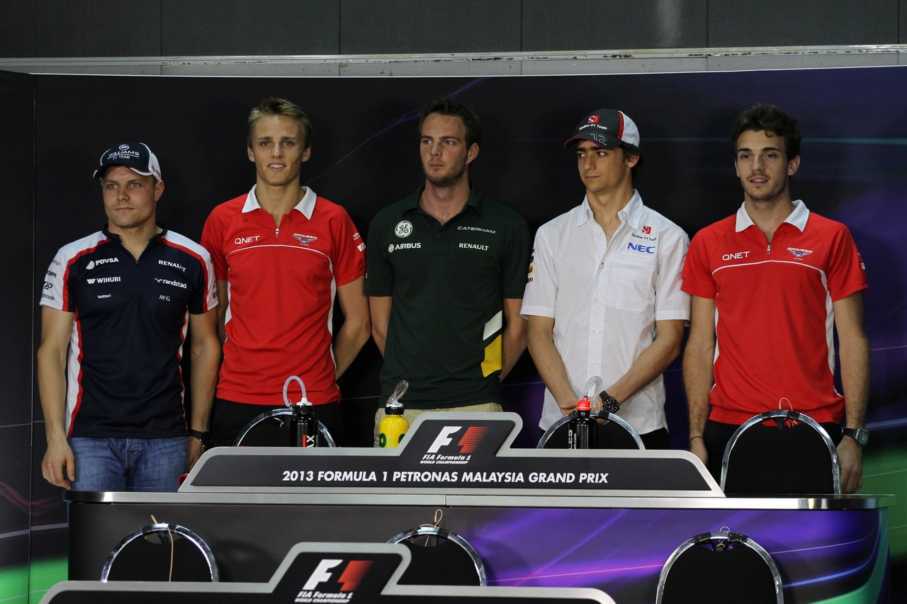 21.03.2013- Press Conference, left to right Valtteri Bottas (FIN), Williams F1 Team FW35, Max Chilton (GBR), Marussia F1 Team MR02, Giedo Van der Garde (NED), Caterham F1 Team CT03, Esteban Gutierrez (MEX), Sauber F1 Team C32, Jules Bianchi (FRA) Marussia F1 Team MR02