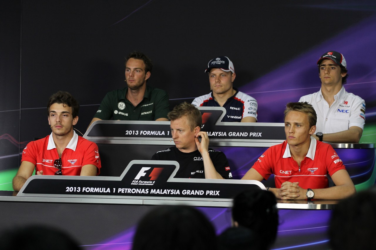 21.03.2013- Press Conference, left to right Valtteri Bottas (FIN), Williams F1 Team FW35, Max Chilton (GBR), Marussia F1 Team MR02, Giedo Van der Garde (NED), Caterham F1 Team CT03, Esteban Gutierrez (MEX), Sauber F1 Team C32, Jules Bianchi (FRA) Marussia F1 Team MR02