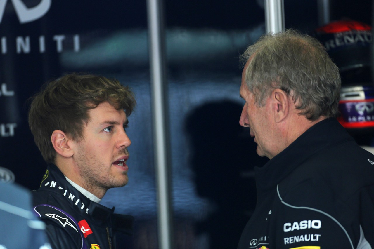 12.04.2013- Free Practice 1, Sebastian Vettel (GER) Red Bull Racing RB9 and Helmut Marko (AUT), Red Bull Racing, Red Bull Advisor
