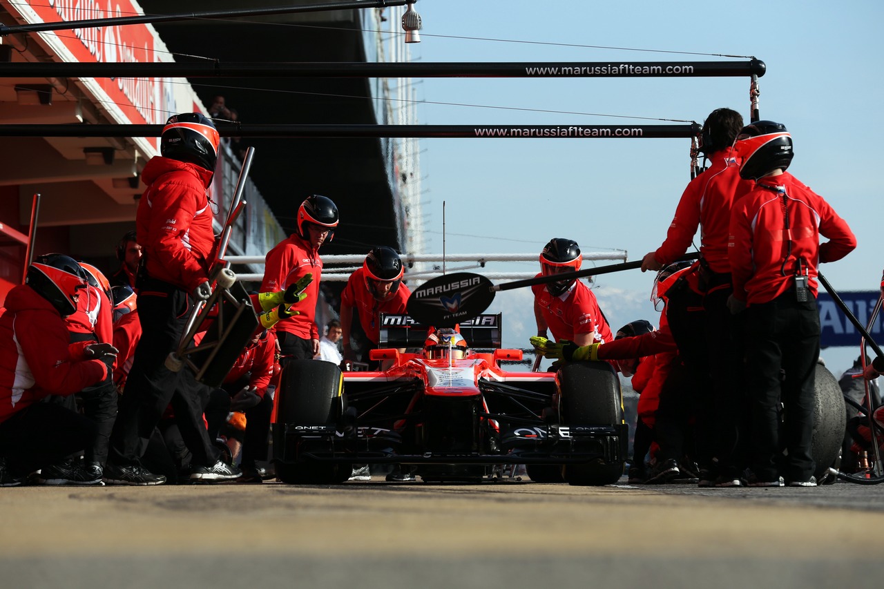 Jules Bianchi (FRA) Marussia F1 Team MR02 practices pit stops.
03.03.2013. 