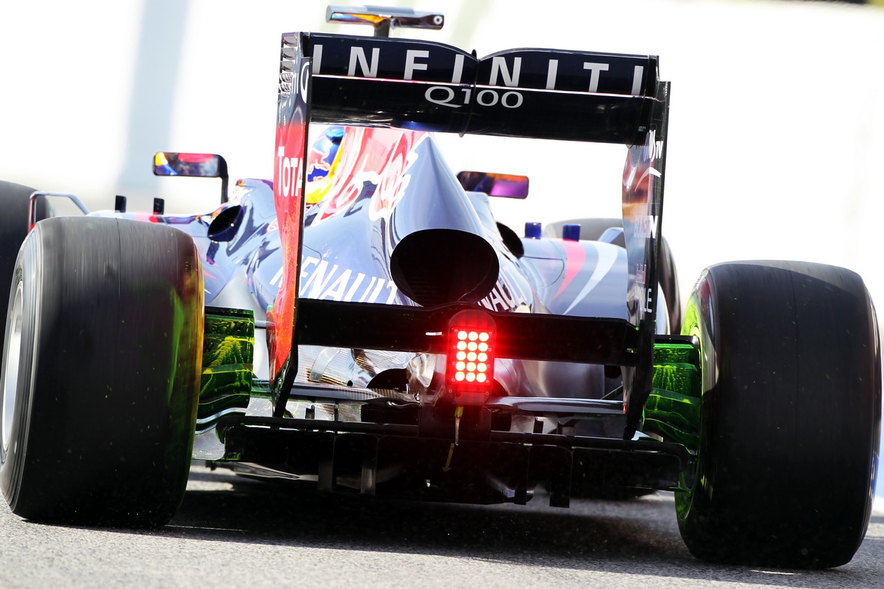 Sebastian Vettel (GER) Red Bull Racing RB9 running flow-vis paint on the rear diffuser and brake ducts.
03.03.2013. 