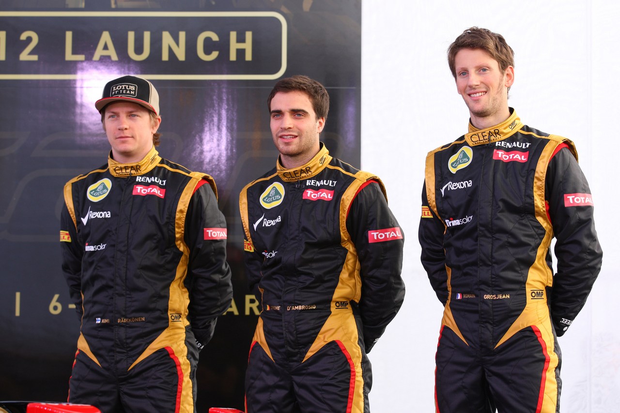 Kimi Raikkonen, Lotus Renault F1 Team with Jerome d'Ambrosio (BEL),  Lotus Renault F1 Team and Romain Grosjean (FRA), Lotus Renault F1 Team  - Lotus F1 Team E20 Launch 