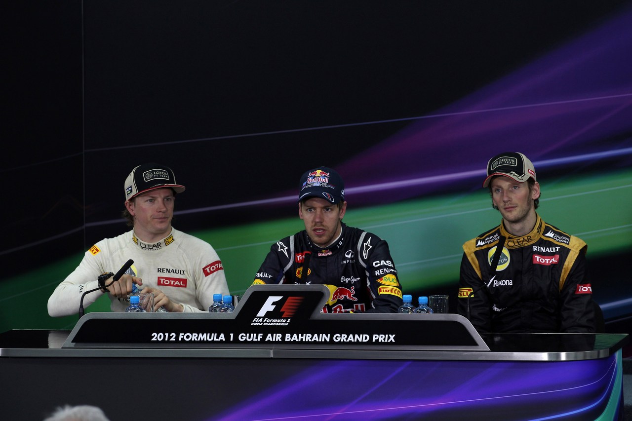 22.04.2012- Race, Press conference, Kimi Raikkonen (FIN) Lotus F1 Team E20, Sebastian Vettel (GER) Red Bull Racing RB8 and Romain Grosjean (FRA) Lotus F1 Team E20 