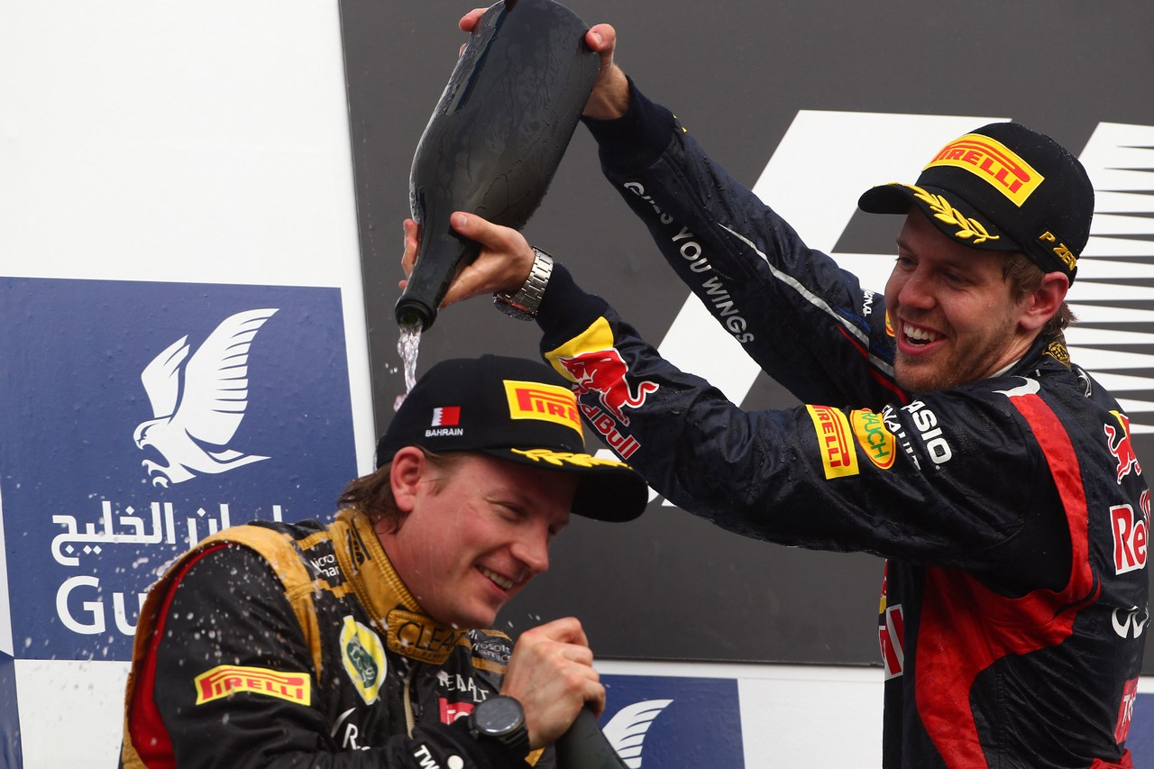 22.04.2012- Race, celebration, Sebastian Vettel (GER) Red Bull Racing RB8 race winner and Kimi Raikkonen (FIN) Lotus F1 Team E20 2nd position 