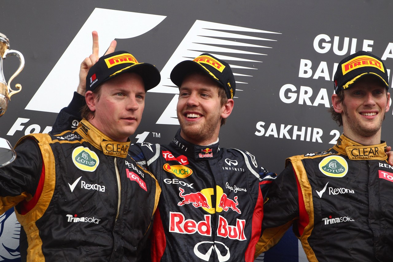 22.04.2012- Race, Sebastian Vettel (GER) Red Bull Racing RB8 race winner, Kimi Raikkonen (FIN) Lotus F1 Team E20 2nd position and Romain Grosjean (FRA) Lotus F1 Team E20 3rd position 