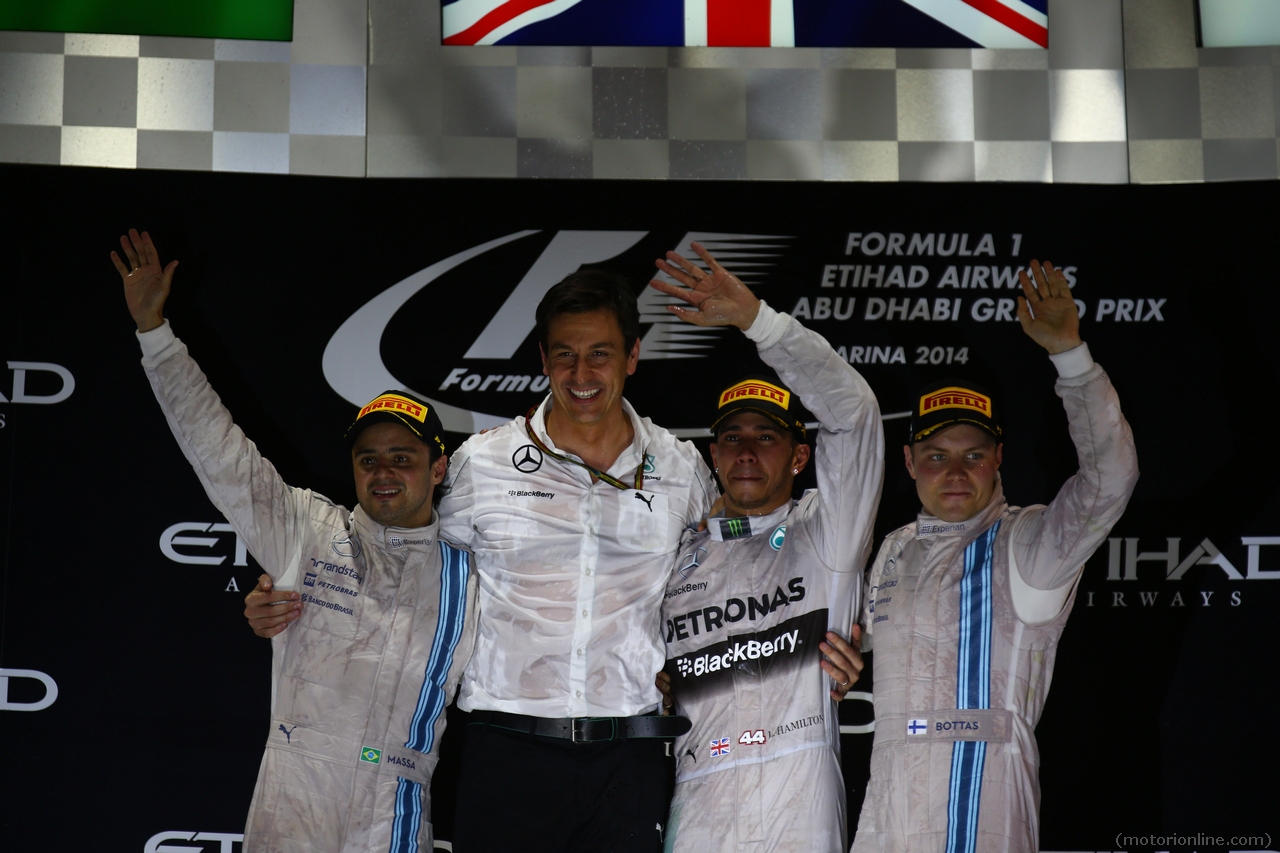 23.11.2014- Race, 2nd position Felipe Massa (BRA) Williams F1 Team FW36, Toto Wolff (GER) Mercedes AMG F1 Shareholder and Executive Director, Lewis Hamilton (GBR) Mercedes AMG F1 W05 race winner and f1 world champion 2014 and 3rd position Valtteri Bottas (FIN) Williams F1 Team FW36