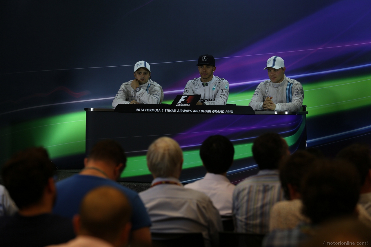 23.11.2014- Race, Press conference, Felipe Massa (BRA) Williams F1 Team FW36, Lewis Hamilton (GBR) Mercedes AMG F1 W05 and Valtteri Bottas (FIN) Williams F1 Team FW36