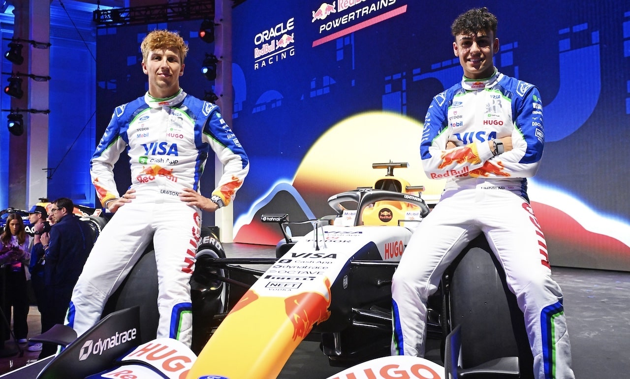 DETROIT, MICHIGAN - JANUARY 15: Arvid Lindblad of Great Britain and Visa Cash App Racing Bulls and Liam Lawson of New Zealand and Visa Cash App Racing Bulls unveil their teams livery on stage during the Visa Cash App Racing Bulls season launch at Michigan Central Station on January 15, 2026 in Detroit, Michigan. (Photo by Rudy Carezzevoli/Getty Images) // Getty Images // SI202601160153 // Usage for editorial use only // 