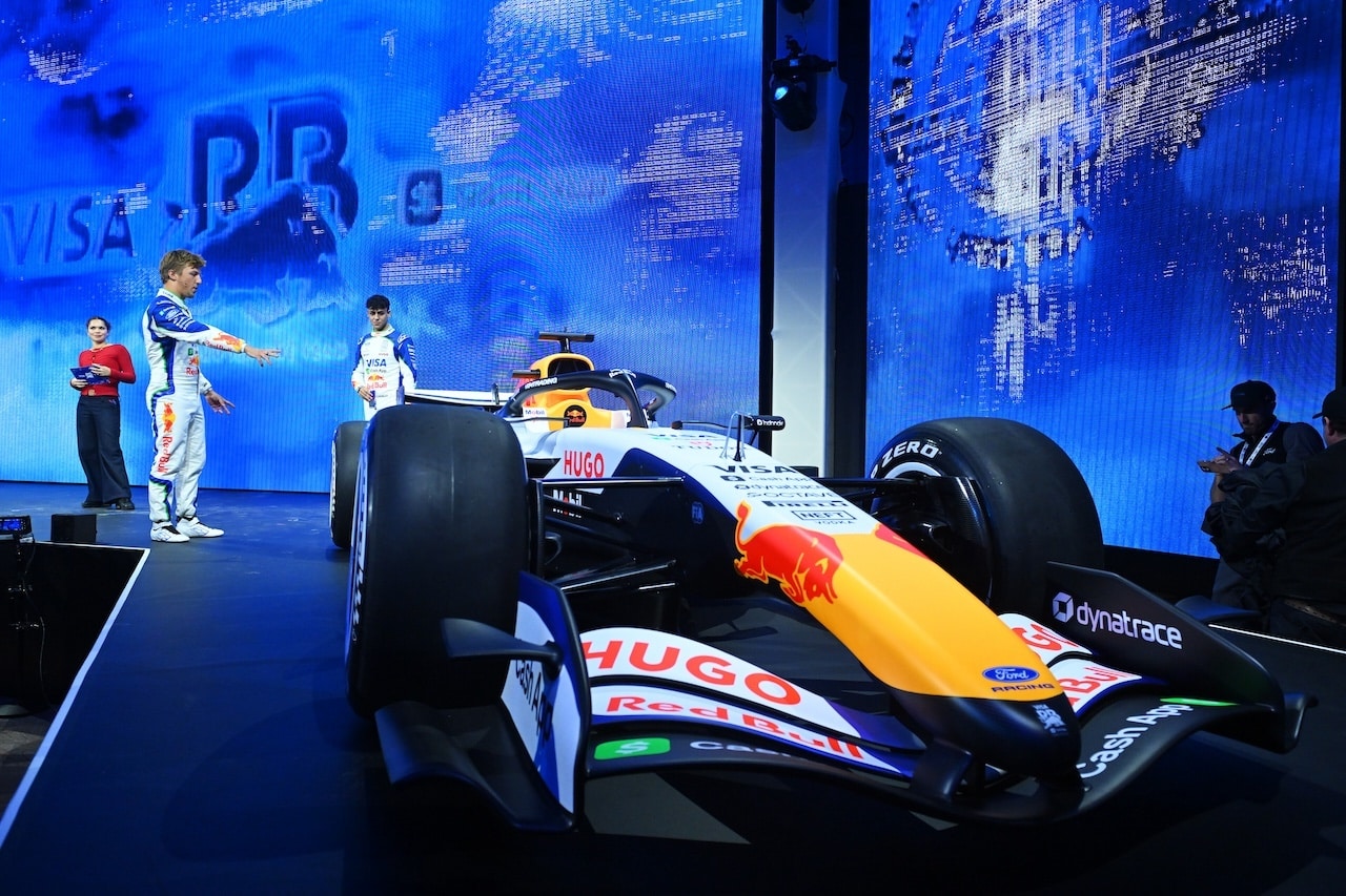 DETROIT, MICHIGAN - JANUARY 15: Arvid Lindblad of Great Britain and Visa Cash App Racing Bulls and Liam Lawson of New Zealand and Visa Cash App Racing Bulls unveil their teams livery on stage during the Visa Cash App Racing Bulls season launch at Michigan Central Station on January 15, 2026 in Detroit, Michigan. (Photo by Rudy Carezzevoli/Getty Images) // Getty Images // SI202601160154 // Usage for editorial use only // 