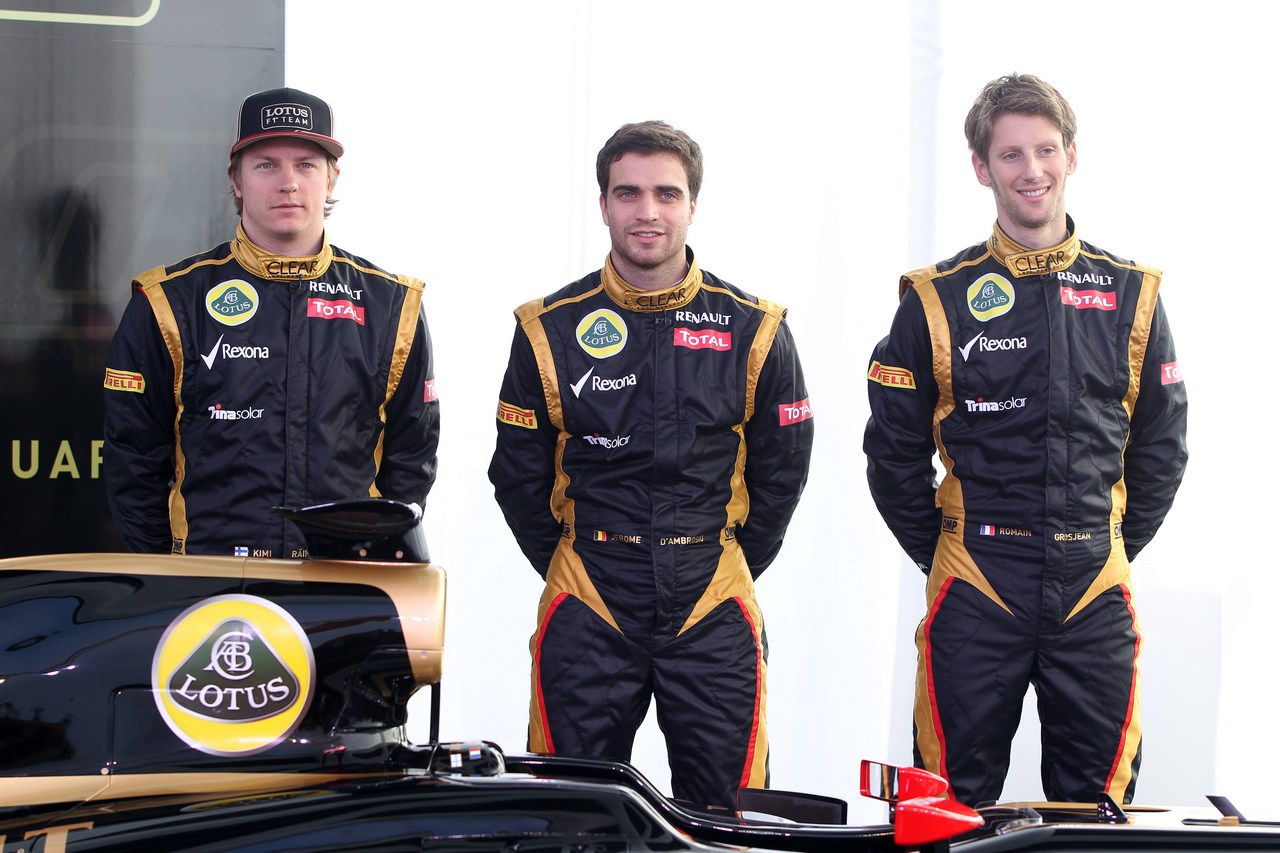 
Kimi Raikkonen, Lotus Renault F1 Team with Jerome d'Ambrosio (BEL),  Lotus Renault F1 Team  and Romain Grosjean (FRA), Lotus Renault F1 Team - Lotus F1 Team E20 Launch