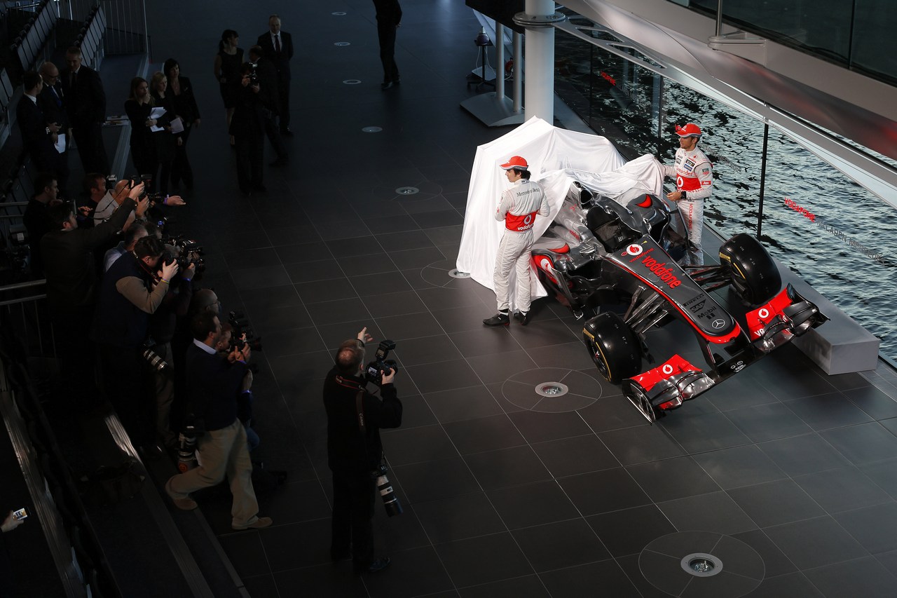McLaren Technology Centre, Surrey, UK
31st January 2013 
Sergio Perez, McLaren and Jenson Button, McLaren.
Photo: Vodafone McLaren Mercedes (Copyright Free FOR EDITORIAL USE ONLY) 
ref: Digital Image _R6T6192