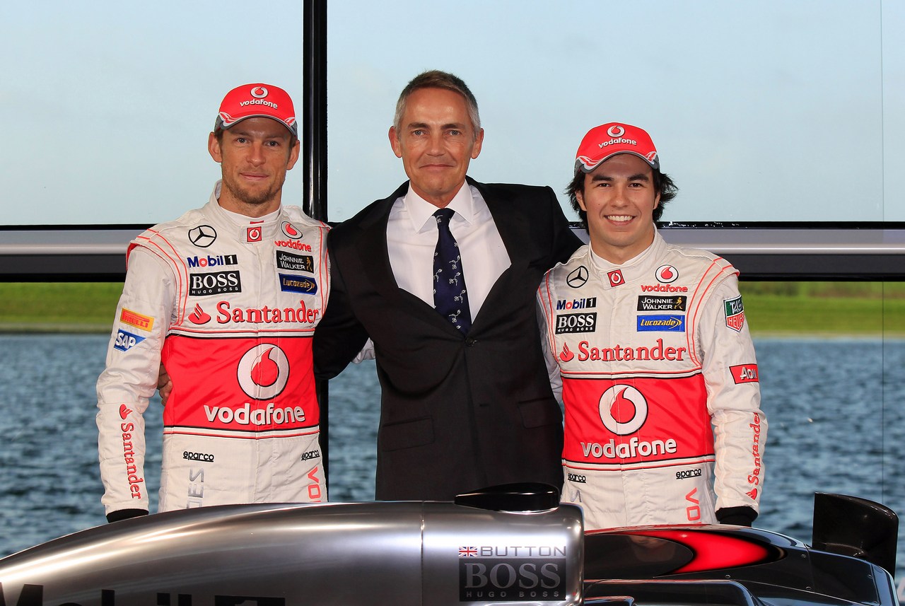 McLaren Technology Centre, Surrey, UK
31st January 2013 
Jenson Button, McLaren, Martin Whitmarsh, Team Principal, McLaren and Sergio Perez, McLaren.
Photo: Vodafone McLaren Mercedes (Copyright Free FOR EDITORIAL USE ONLY) 
ref: Digital Image _X5J9982