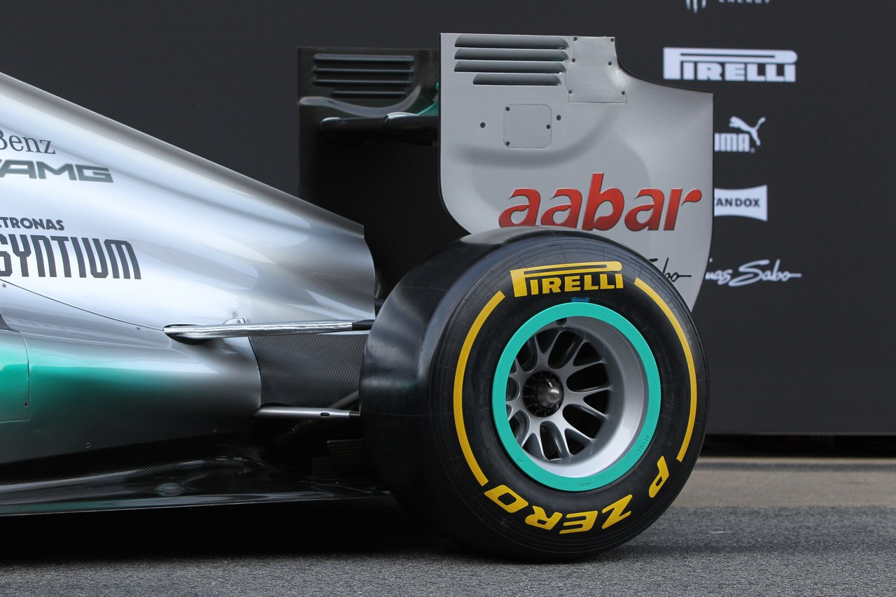 21.02.2012 Barcelona, Spain, rear wing and engine cover - Mercedes F1 W03 Launch 