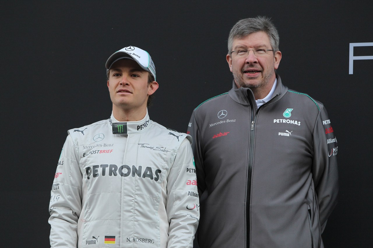 21.02.2012 Barcelona, Spain, Nico Rosberg (GER), Mercedes GP with Ross Brawn (GBR), Mercedes GP Team Principal - Mercedes F1 W03 Launch 