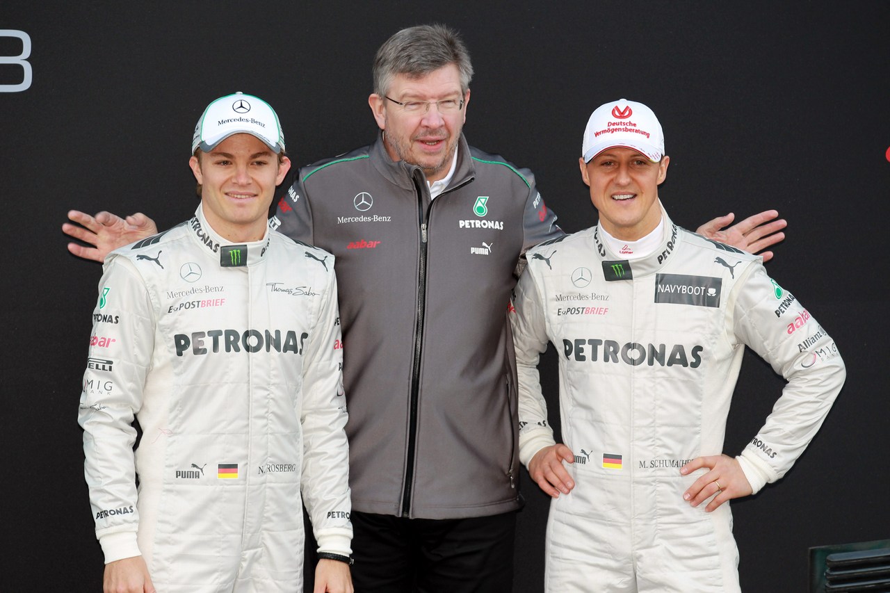 21.02.2012 Barcelona, Spain, Nico Rosberg (GER), Mercedes GP with Ross Brawn (GBR), Mercedes GP Team Principal and Michael Schumacher (GER), Mercedes GP - Mercedes F1 W03 Launch 