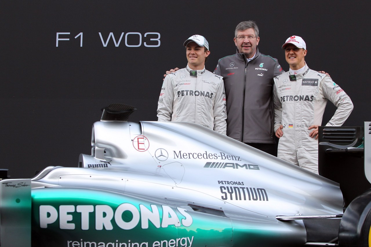 21.02.2012 Barcelona, Spain, Nico Rosberg (GER), Mercedes GP with Ross Brawn (GBR), Mercedes GP Team Principal andMichael Schumacher (GER), Mercedes GP- Mercedes F1 W03 Launch 
