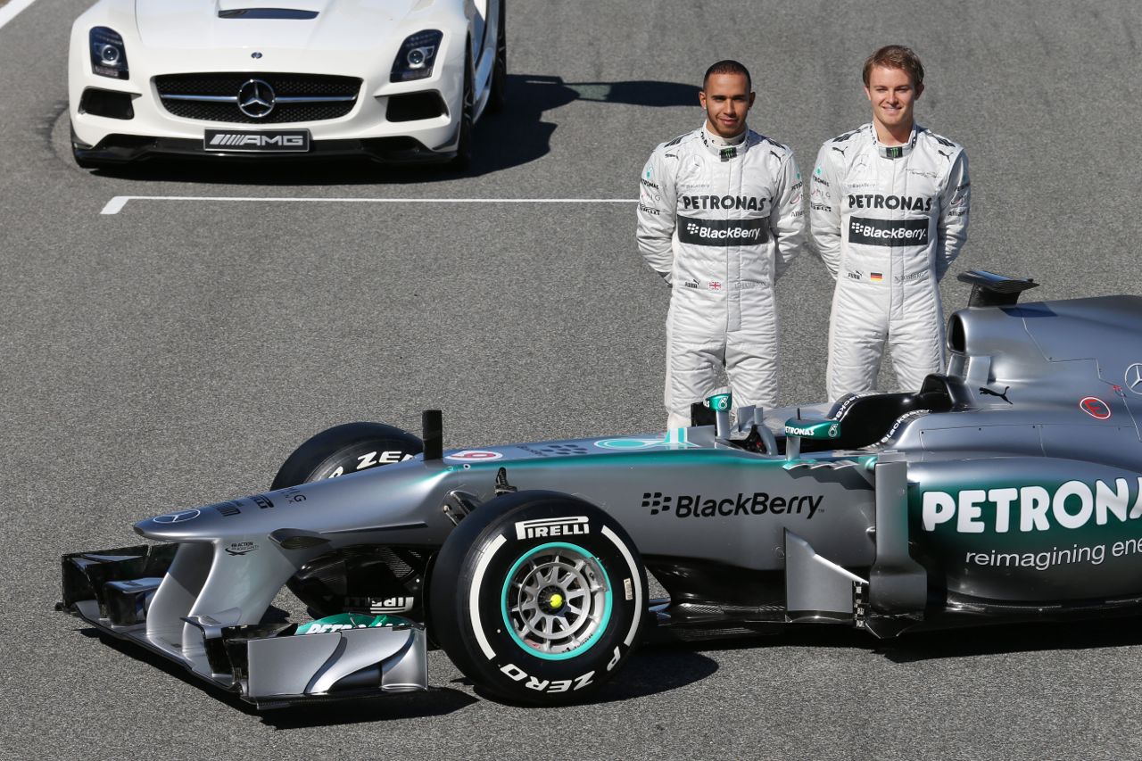 (L to R): Lewis Hamilton (GBR) Mercedes AMG F1 and team mate Nico Rosberg (GER) Mercedes AMG F1 with the new Mercedes AMG F1 W04.

