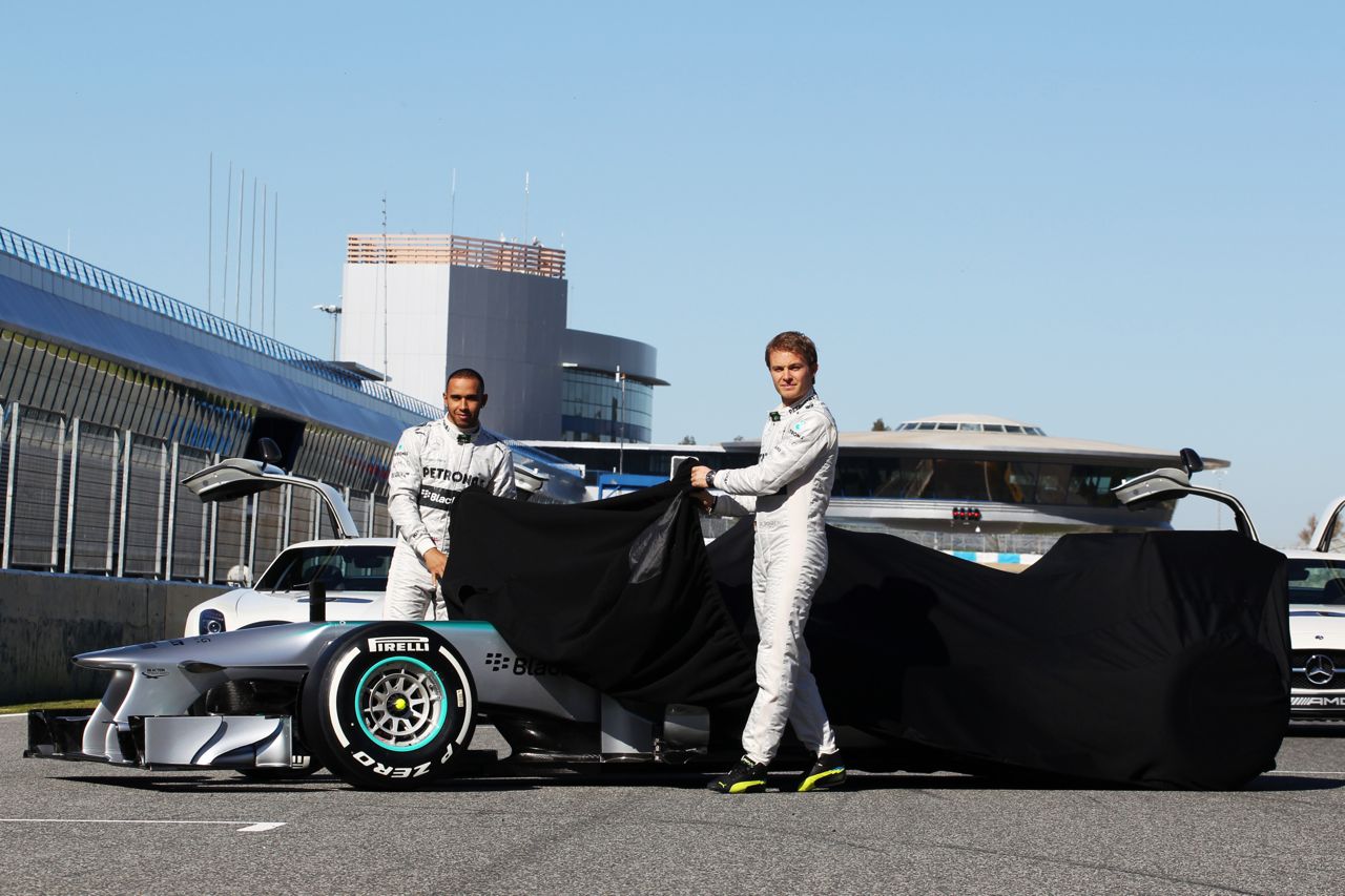 Lewis Hamilton (GBR) Mercedes AMG F1 and team mate Nico Rosberg (GER) Mercedes AMG F1 unveil the new Mercedes AMG F1 W04.
