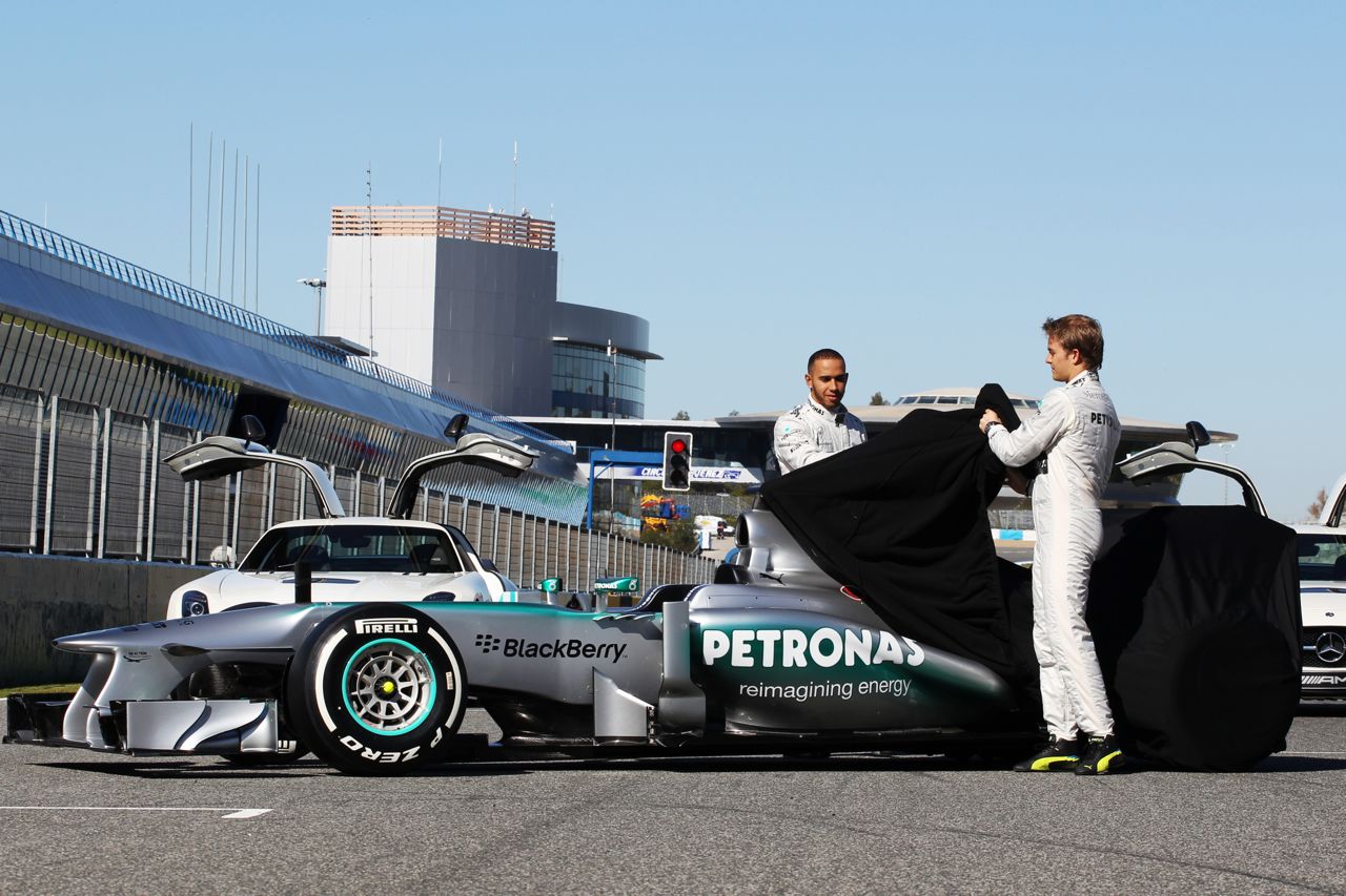 Lewis Hamilton (GBR) Mercedes AMG F1 and team mate Nico Rosberg (GER) Mercedes AMG F1 unveil the new Mercedes AMG F1 W04.
