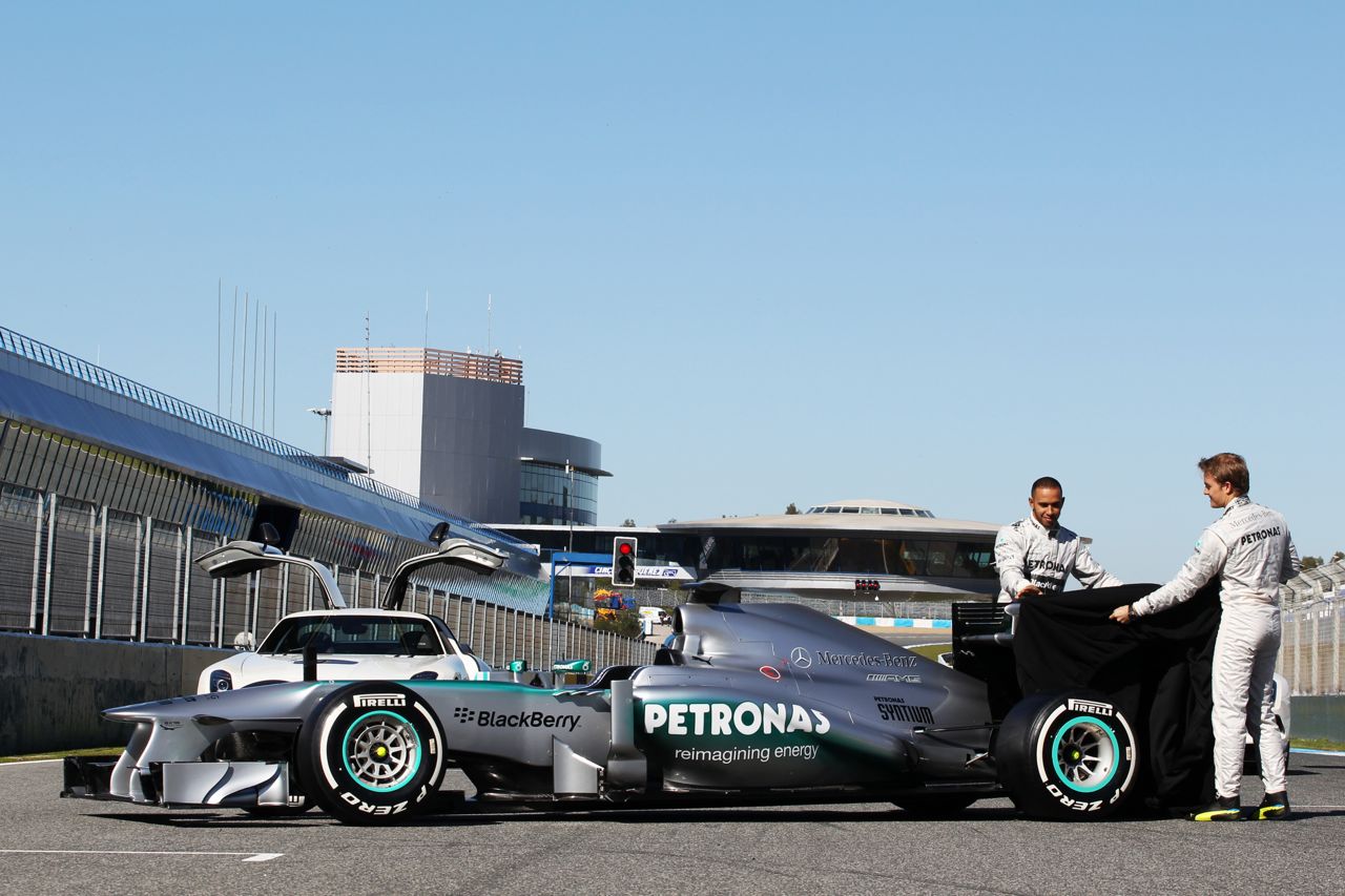 Lewis Hamilton (GBR) Mercedes AMG F1 and team mate Nico Rosberg (GER) Mercedes AMG F1 unveil the new Mercedes AMG F1 W04.
