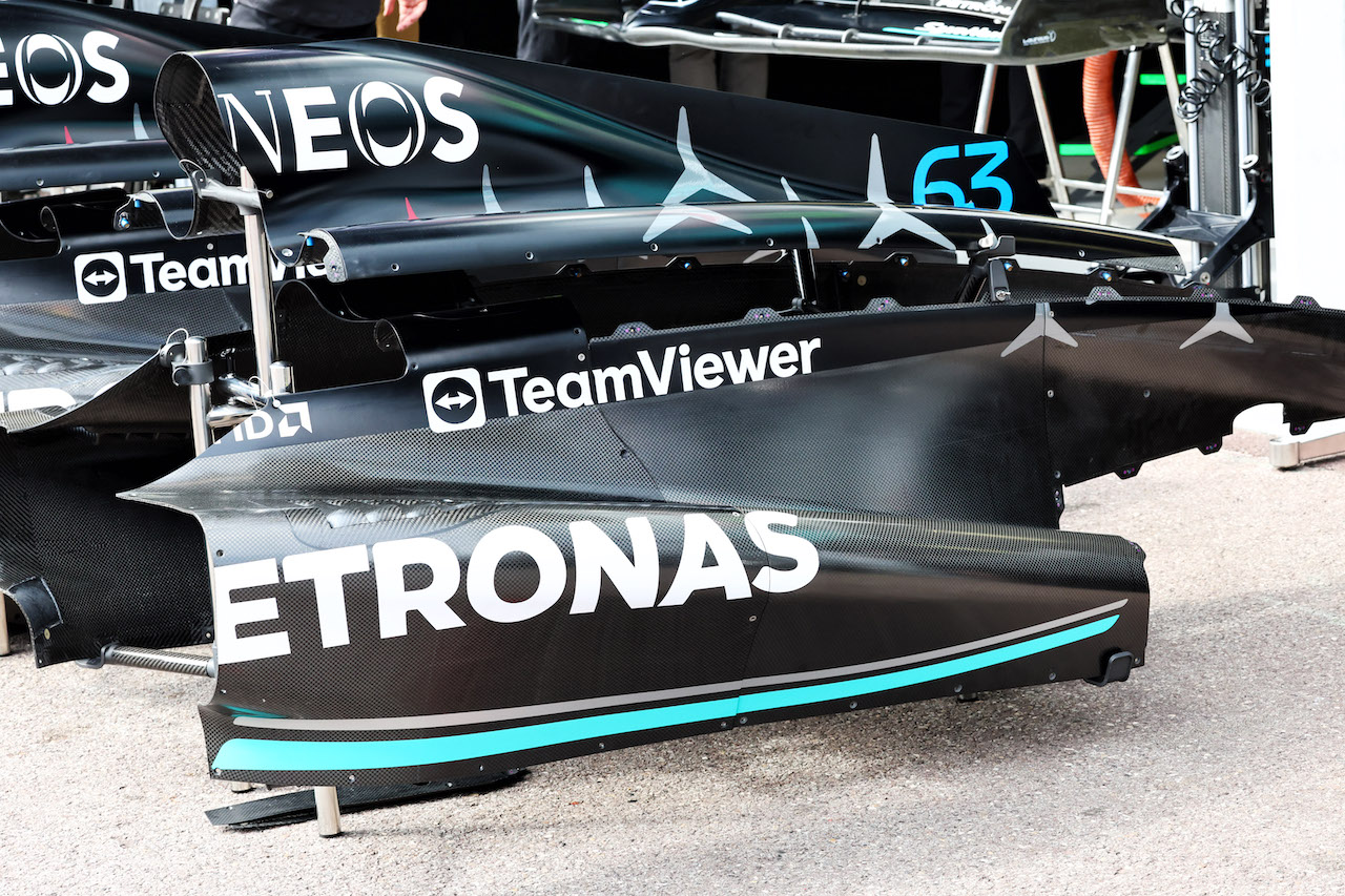 Mercedes AMG F1 W14 sidepod detail.
25.05.2023. Formula 1 World Championship, Rd 7, Monaco Grand Prix, Monte Carlo, Monaco, Preparation Day.
- www.xpbimages.com, EMail: requests@xpbimages.com ¬© Copyright: Batchelor / XPB Images