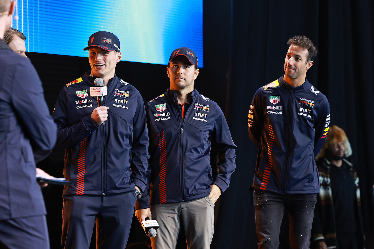 Max Verstappen of the Netherlands and Oracle Red Bull Racing talks on stage next to Sergio Perez of Mexico and Oracle Red Bull Racing and Daniel Ricciardo of Australia and Oracle Red Bull Racing during the Oracle Red Bull Racing Season Launch 2023 at Classic Car Club Manhattan on February 03, 2023 in New York City. (Photo by Arturo Holmes/Getty Images for Oracle Red Bull Racing) // FIA / Getty Images / Red Bull Content Pool // SI202302030503 // Usage for editorial use only // 