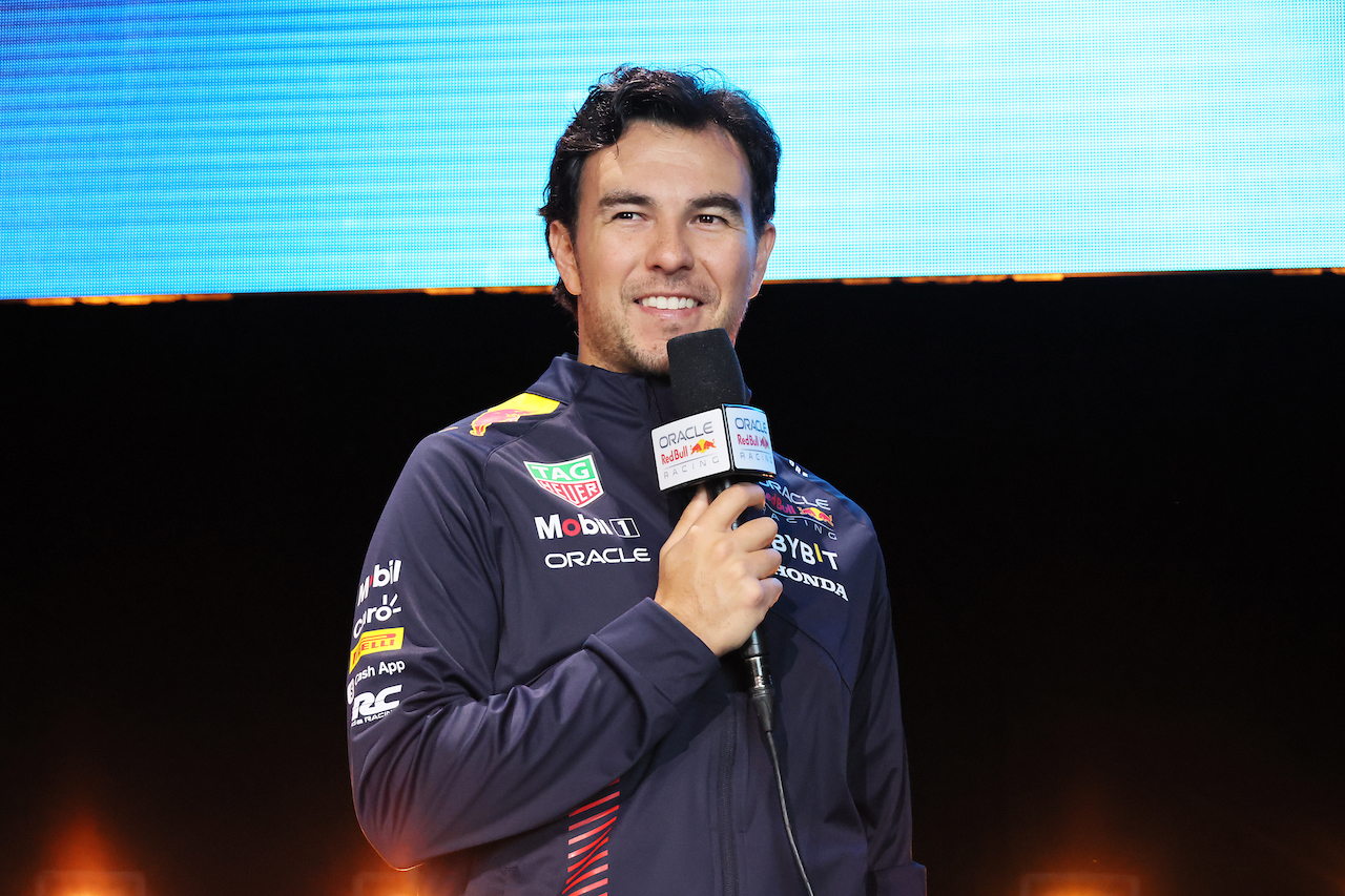 NEW YORK, NEW YORK - FEBRUARY 03: Sergio Perez of Mexico and Oracle Red Bull Racing talks during the Oracle Red Bull Racing Season Launch 2023 at Classic Car Club Manhattan on February 03, 2023 in New York City. (Photo by Mike Coppola/Getty Images for Oracle Red Bull Racing) // FIA / Getty Images / Red Bull Content Pool // SI202302030529 // Usage for editorial use only //