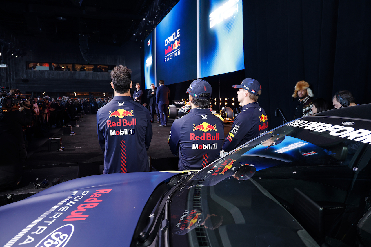 Max Verstappen of the Netherlands and Oracle Red Bull Racing, Sergio Perez of Mexico and Oracle Red Bull Racing and Daniel Ricciardo of Australia and Oracle Red Bull Racing look on during the Oracle Red Bull Racing Season Launch 2023 at Classic Car Club Manhattan on February 03, 2023 in New York City. (Photo by John Lamparski/Getty Images for Oracle Red Bull Racing) // FIA / Getty Images / Red Bull Content Pool // SI202302030506 // Usage for editorial use only // 