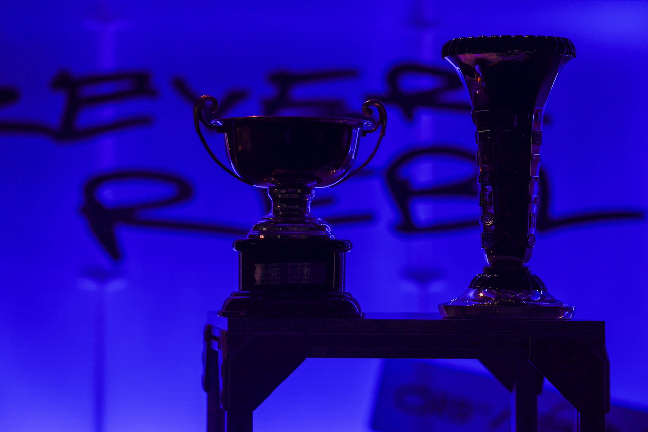 MILTON KEYNES, ENGLAND - FEBRUARY 15: The F1 trophies are pictured during the Oracle Red Bull Racing RB20 car launch at Red Bull Racing Factory on February 15, 2024 in Milton Keynes, England. (Photo by Mark Thompson/Getty Images for Red Bull Racing) // SI202402150772 // Usage for editorial use only // 