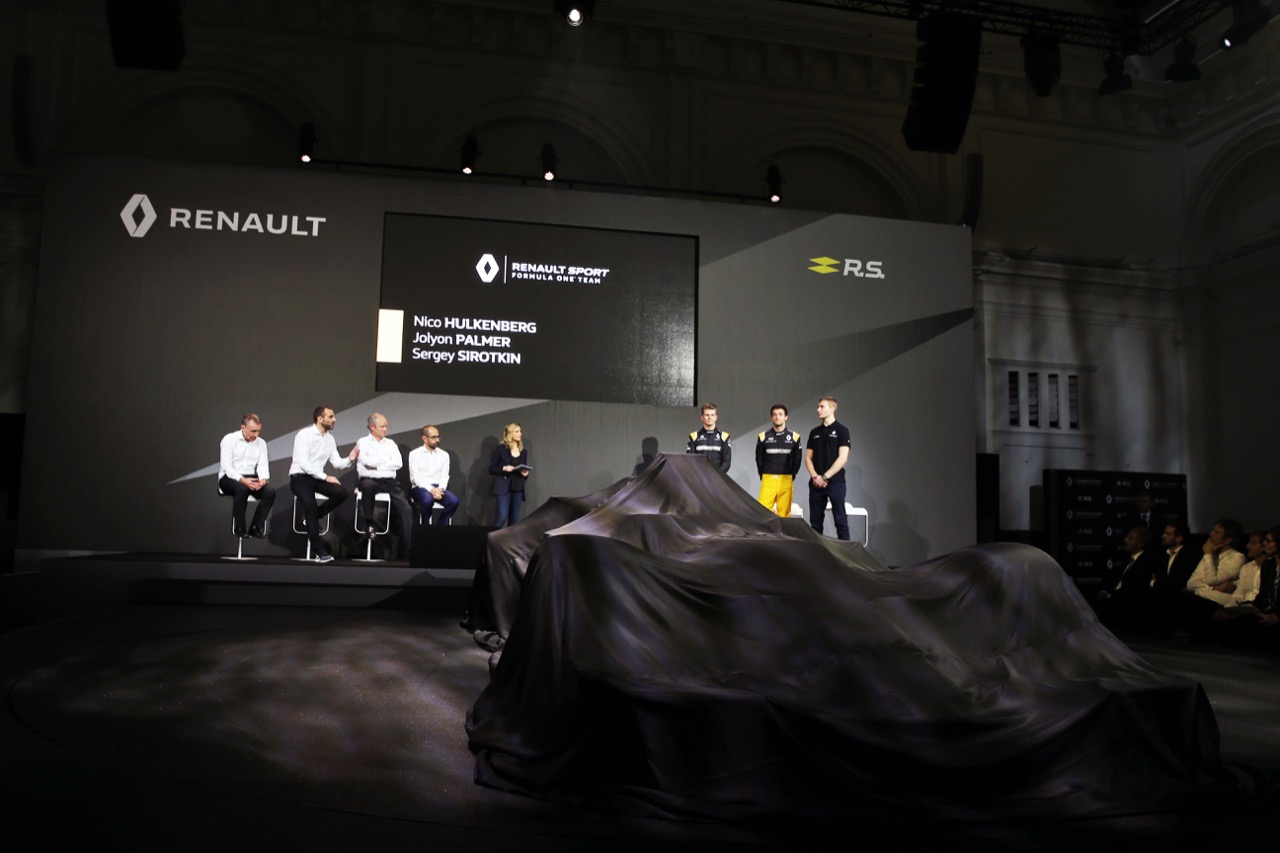 (L to R): Bob Bell (GBR) Renault Sport F1 Team Chief Technical Officer with Cyril Abiteboul (FRA) Renault Sport F1 Managing Director; Jerome Stoll (FRA) Renault Sport F1 President; Thierry Koskas, Renault Executive Vice President of Sales and Marketing; Louise Ekland (GBR);  Nico Hulkenberg (GER) Renault Sport F1 Team; Jolyon Palmer (GBR) Renault Sport F1 Team; Sergey Sirotkin (RUS) Renault Sport F1 Team Third Driver.
21.02.2017.