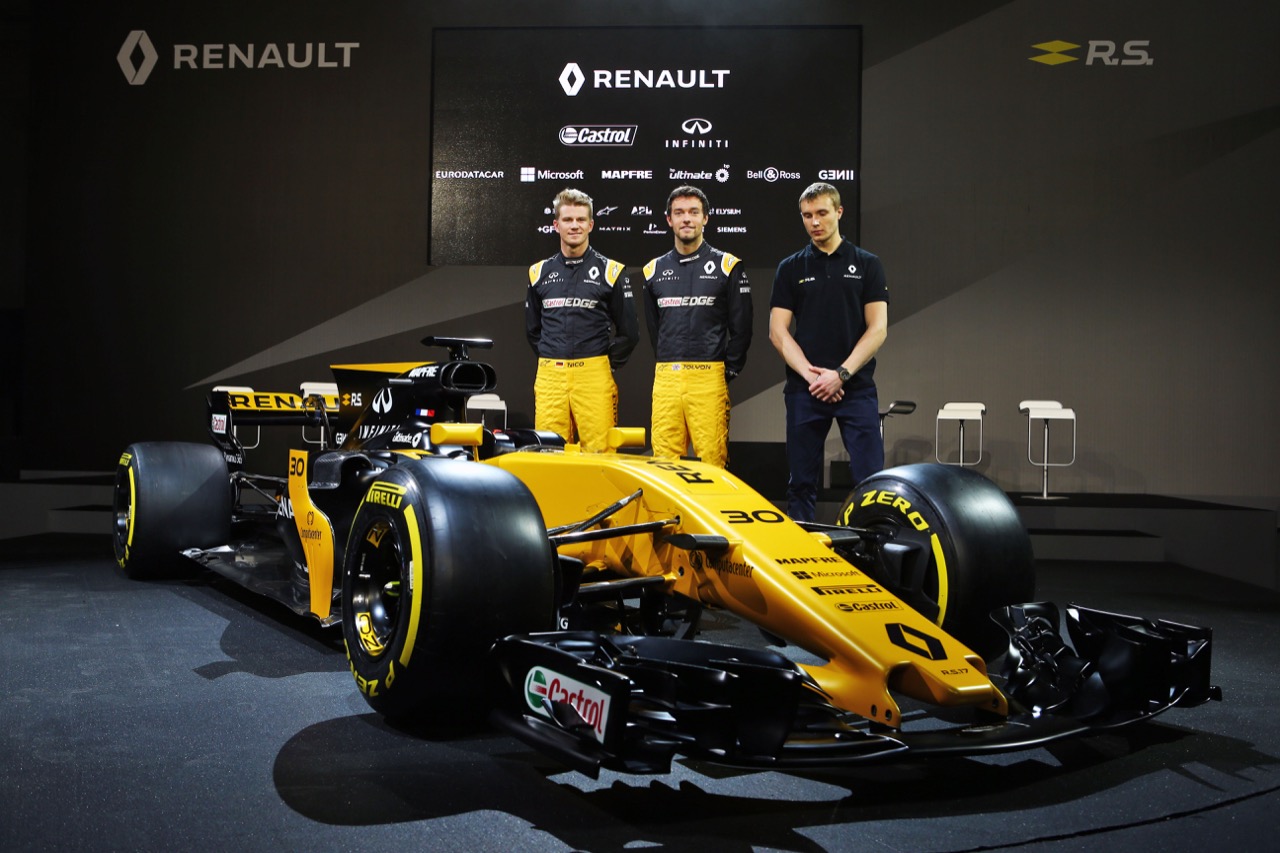 (L to R): Nico Hulkenberg (GER) Renault Sport F1 Team with Jolyon Palmer (GBR) Renault Sport F1 Team; Sergey Sirotkin (RUS) Renault Sport F1 Team Third Driver, and the Renault Sport F1 Team RS17.
21.02.2017.